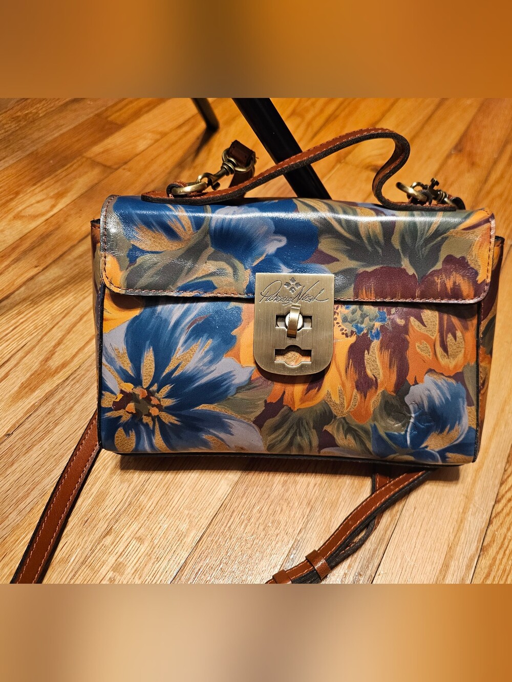 Patricia Nash Blue and Brown Floral Crossbody Bag
